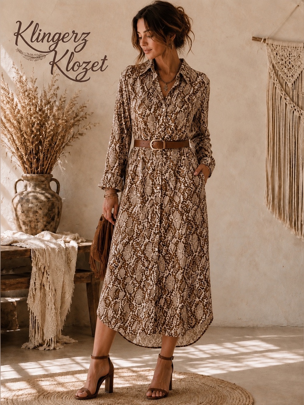 SHEIN Snakeskin Print Button Front Midi Shirt Dress